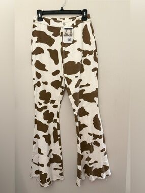 BiBi Cream and Brown Cow print flare leg pants Sz 5/27